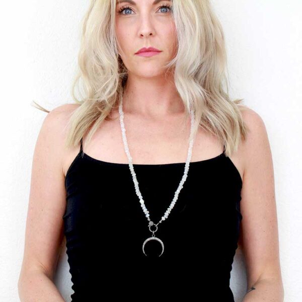 Hand-knotted Moonstone necklace with diamond crecent moon pendant