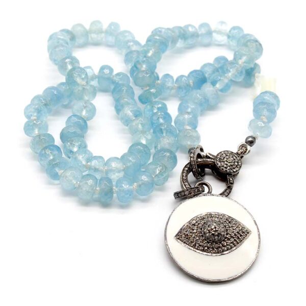 Hand-knotted Aquamarine necklace with diamond and enamel eye pendant