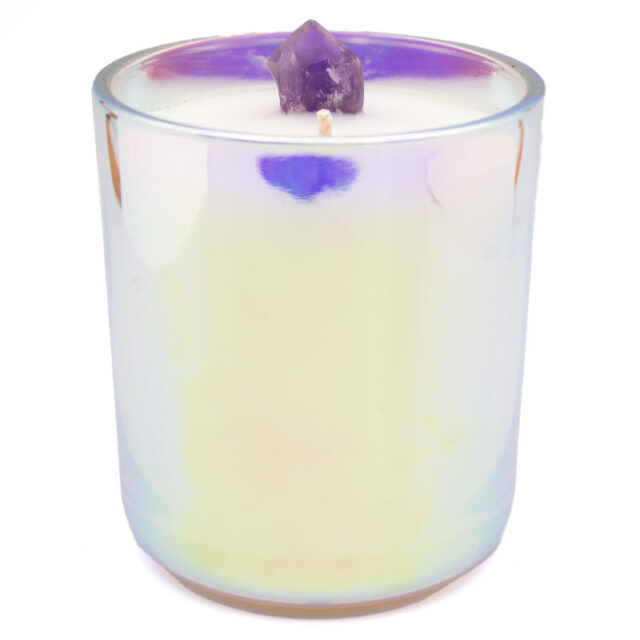 Dog tooth amethyst candle in a holographic glass container