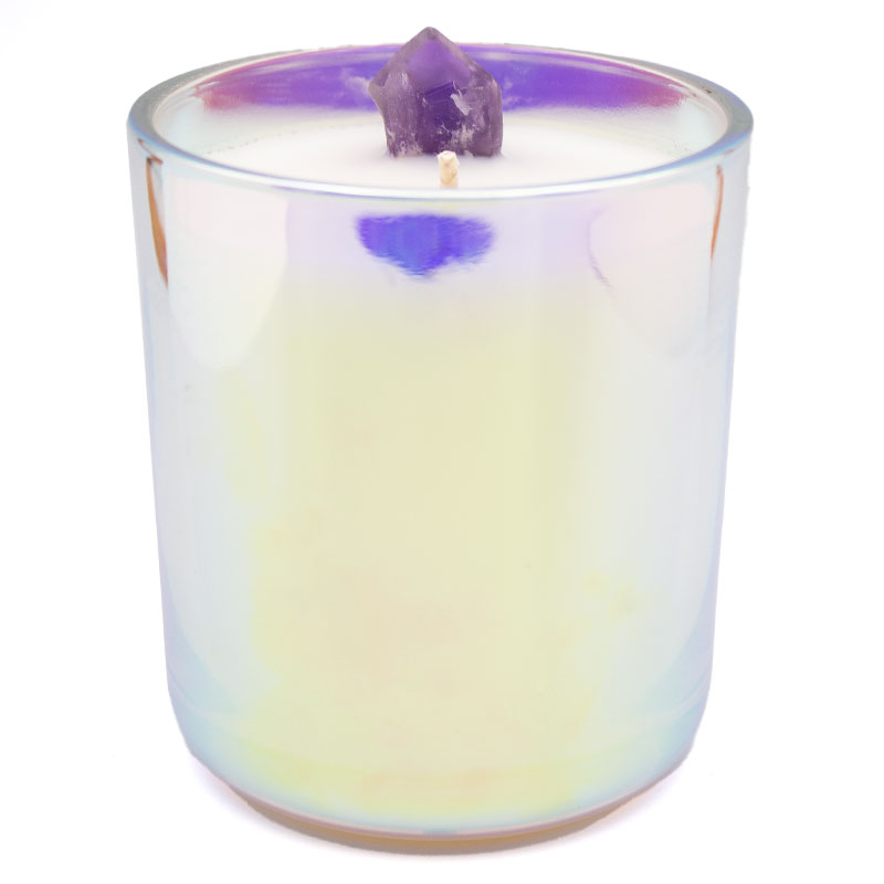 Dog tooth amethyst candle in a holographic glass container